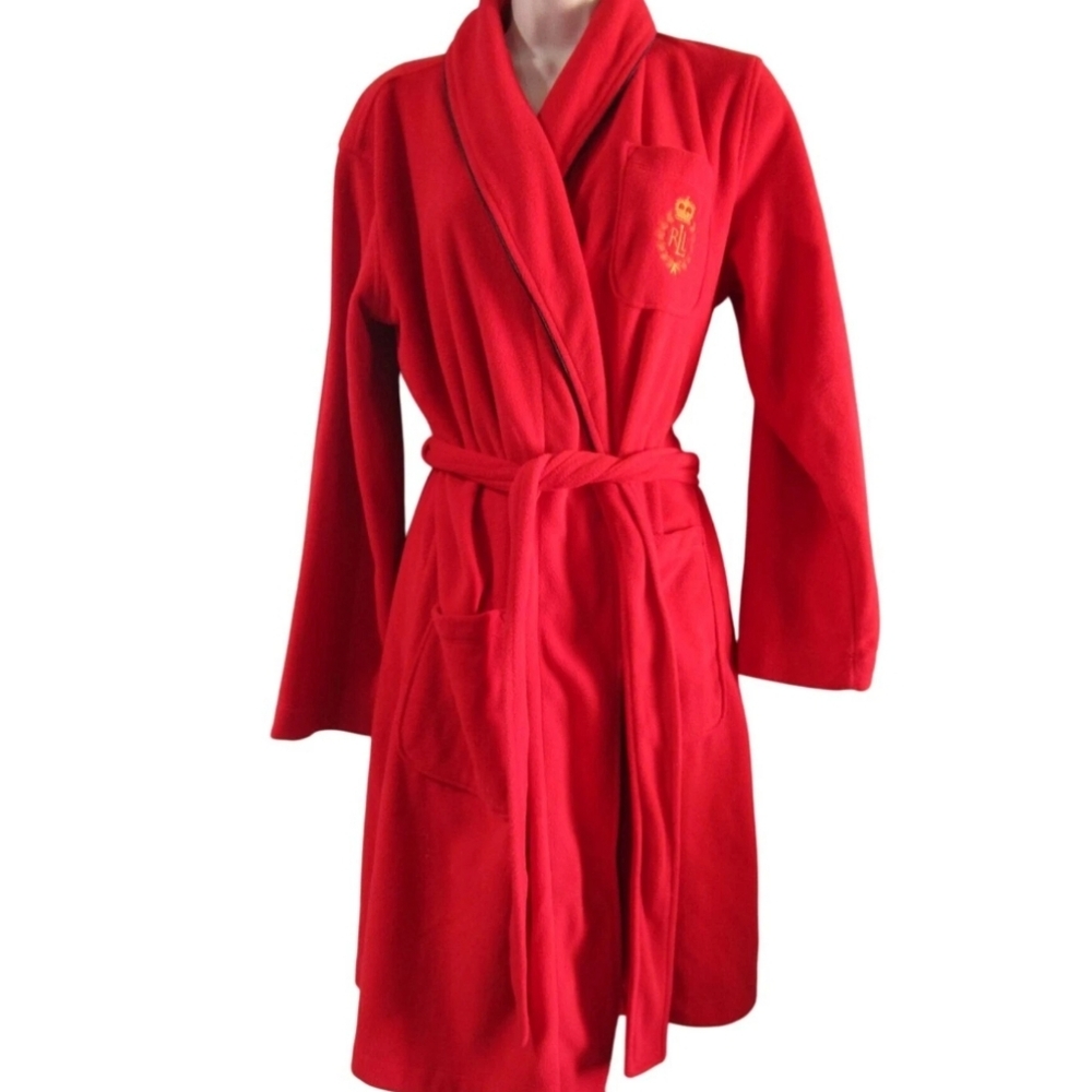 New Lauren Ralph Lauren Red Fleece Robe Belted Embroidered Crest